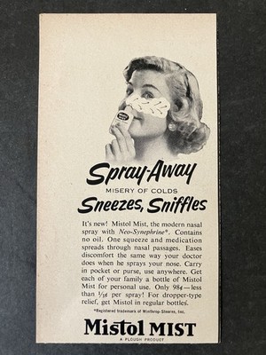 1954 Mistol Mist Nasal Spray Away Sneezes Sniffles Woman Vintage  Print Ad