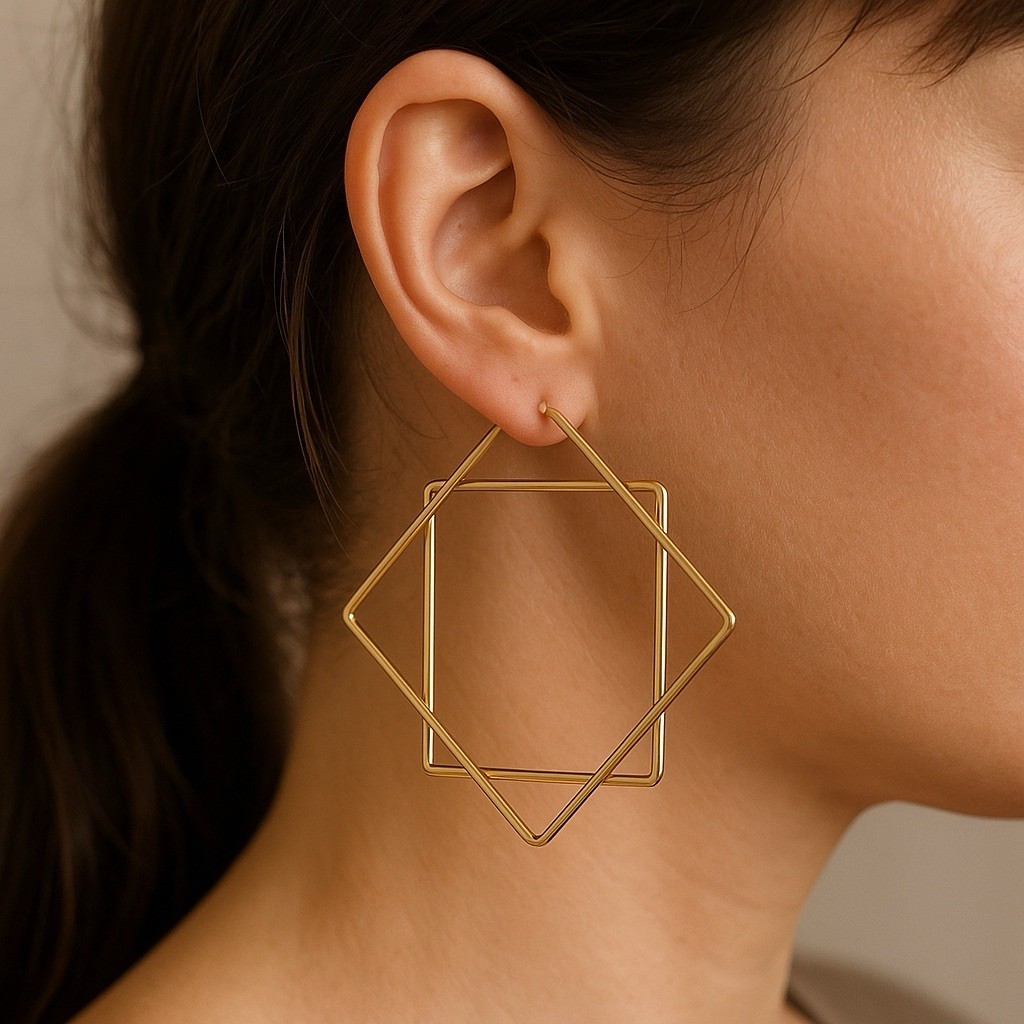 Bold Gold Square Wire Hoop Geometric Dangle Stud Earrings