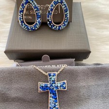 Fine Silver Plated Crystal Cross Necklace and Teardrop Earrings Set