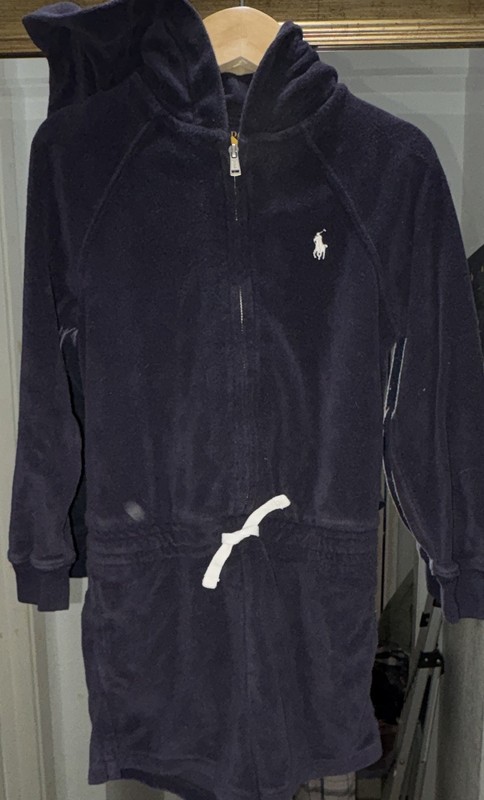 Ralph Lauren - Girls Zip-Hooded Terry Romper - Navy Blue - Size 5