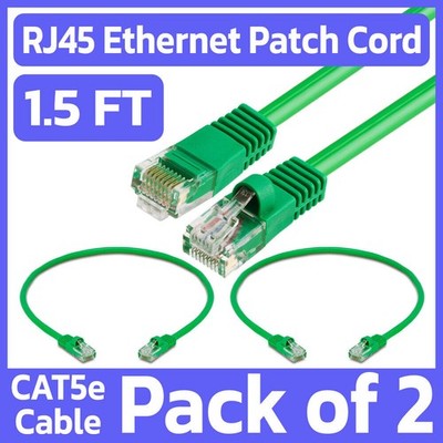 2 Pack Green Cat5e Ethernet Patch Cable 1.5ft RJ45 Network Cord Internet Wire