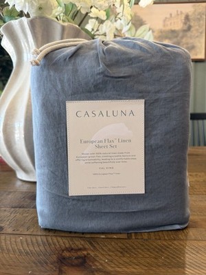 California King 100% Linen Sheet Set Mineral Blue - Casaluna NEW