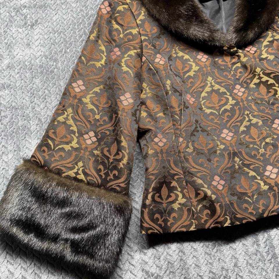 Nine West Y2K锦缎夹克女式10棕色金色黑色人造毛皮装饰金属色 — 第 4/4 张图片