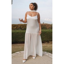 Show Me Your Mumu White Maxi Dress XL Drop Waist Satin Chiffon Scarf Bridal