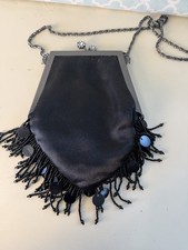Black Slick 100 Satin Evening Bag Crossbody Purse Kiss Clasp 1 Pocket VTG Style