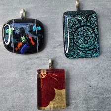 Lot of 3 Fused Glass Pendant Teal Dichroic Re...