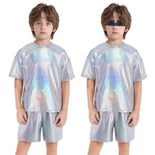 Kids Boys Shiny Short Sleeve Ballet Jazz Hip Hop Dance Crop Top with Shorts Set