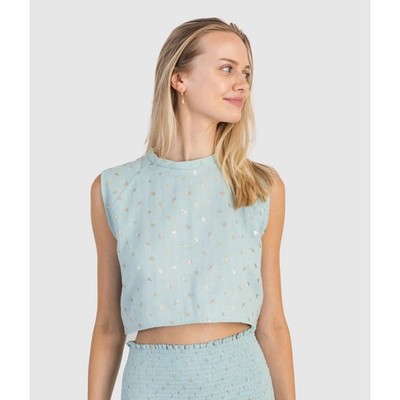 Koch Sleeveless Baby Blue Metallic Print Tank Top Boxy Crop NEW Festival (size L