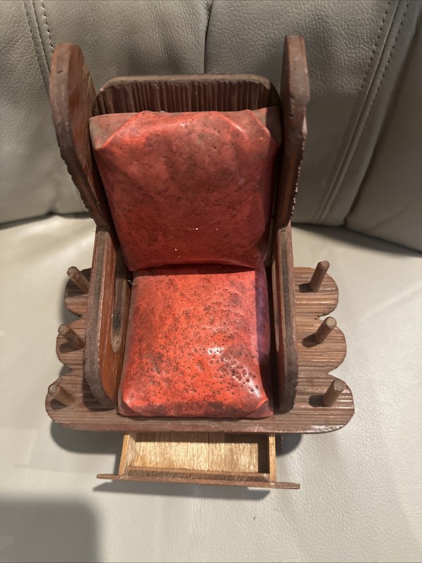 Antique Victorian Sewing Pincushion Chair Wood Thread Holder Red Velvet