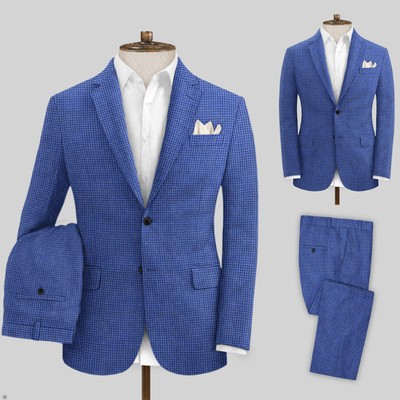 Mens Suit Jacket Jewel Blue Check Design Wedding Party Formal Wear