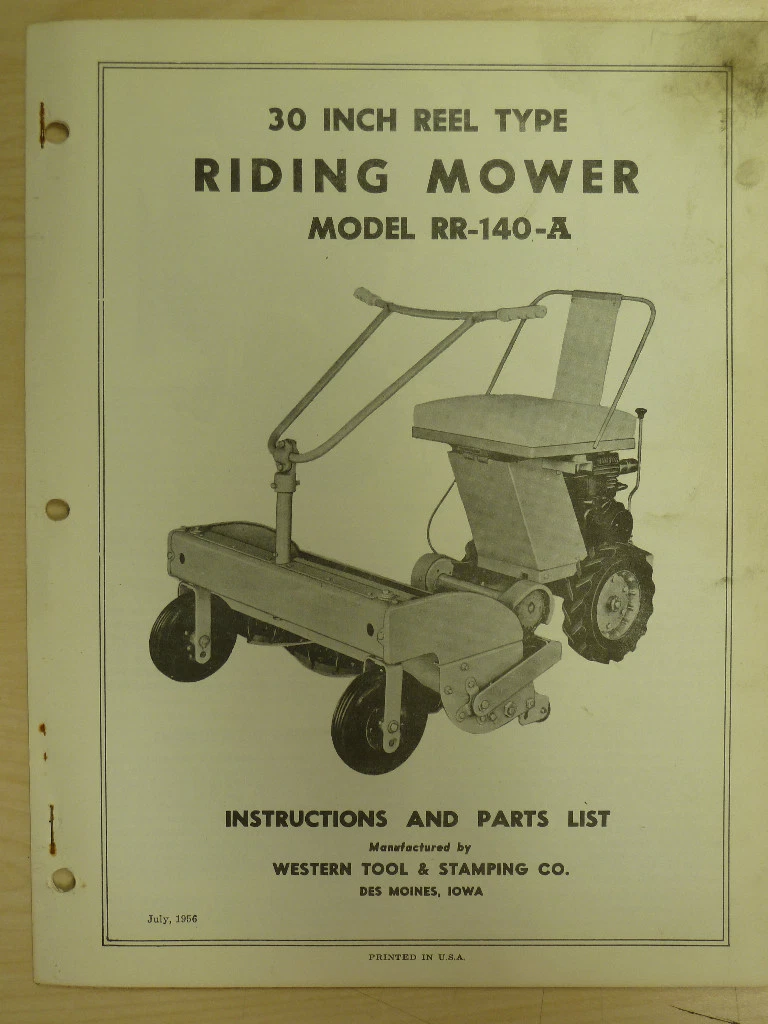 WESTERN TOOL 30 RIDING REEL MOWER, PARTS MANUAL MODEL # RR - 140 - A