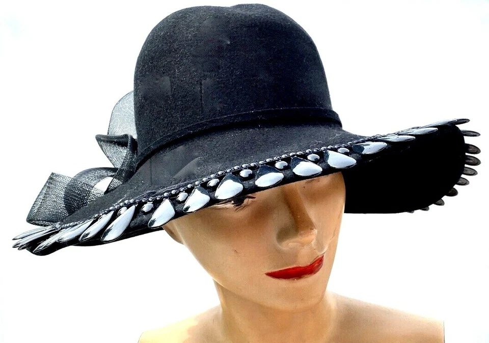 VTG Coralie Ladies Black Felt Wide Brim Hat  w Bow Church Derby 14" M/L Head - Image 3 of 4