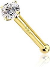 14k Solid Yellow Gold Nose Bone Stud 2mm Clear CZ Nose Ring