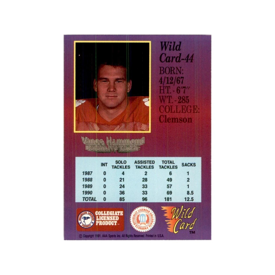 1991 Wild Card Vance Hammond Football Cards #44 - Image 2 of 3