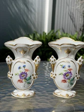 Antique Pair of Hand Painted Old Paris Porcelain Vases with gold trim.France.