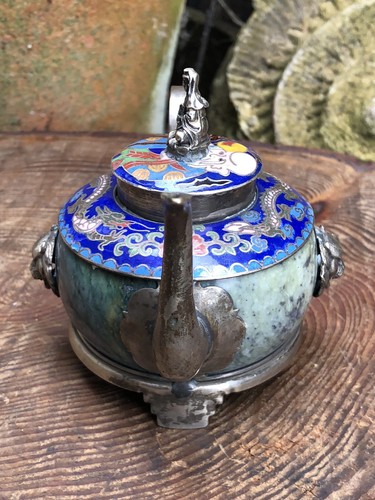 Vintage Chinese Tibetan silver serpentine & cloisonne teapot signed lion dragon - Picture 4 of 11