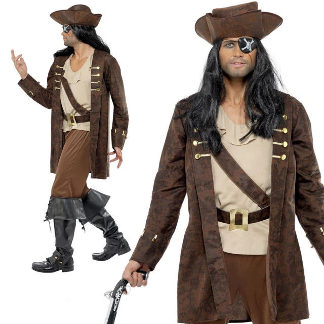 Disfraz de pirata para hombre 3 piezas Br/abrigo bronceado con cinturón camisa bragas y sombrero XL Foto 2 de 2