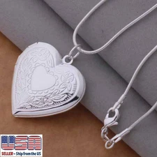 925 Sterling Silver Plated Heart Locket Photo Pendant Necklace 18"+ Gift Pouch