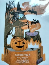 Halloween Hallmark Pop-up Card Witch Caldron Jack-o'-lantern pumpkin Black Cat 