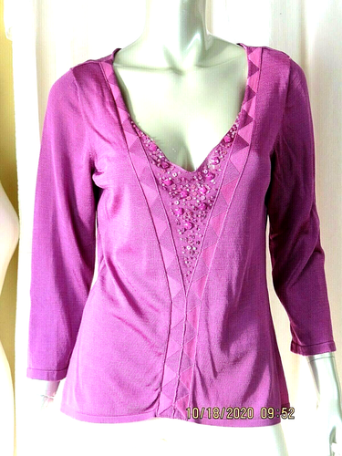 EMMA JAMES SZ L NWOT Rayon/Nylon Top Heather Pink-Purple Sequined Blouse Shirt
