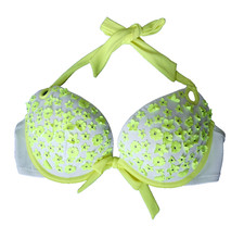 Victoria's Secret Bikini Top 34D Push-up Neon Yellow Rhinestones Floral