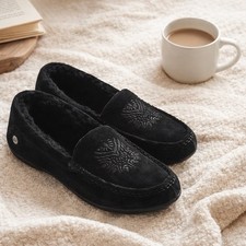 ABEO Biomechanics Leather Sheepskin Moccasin Slippers Sz 7 Black Embroidered