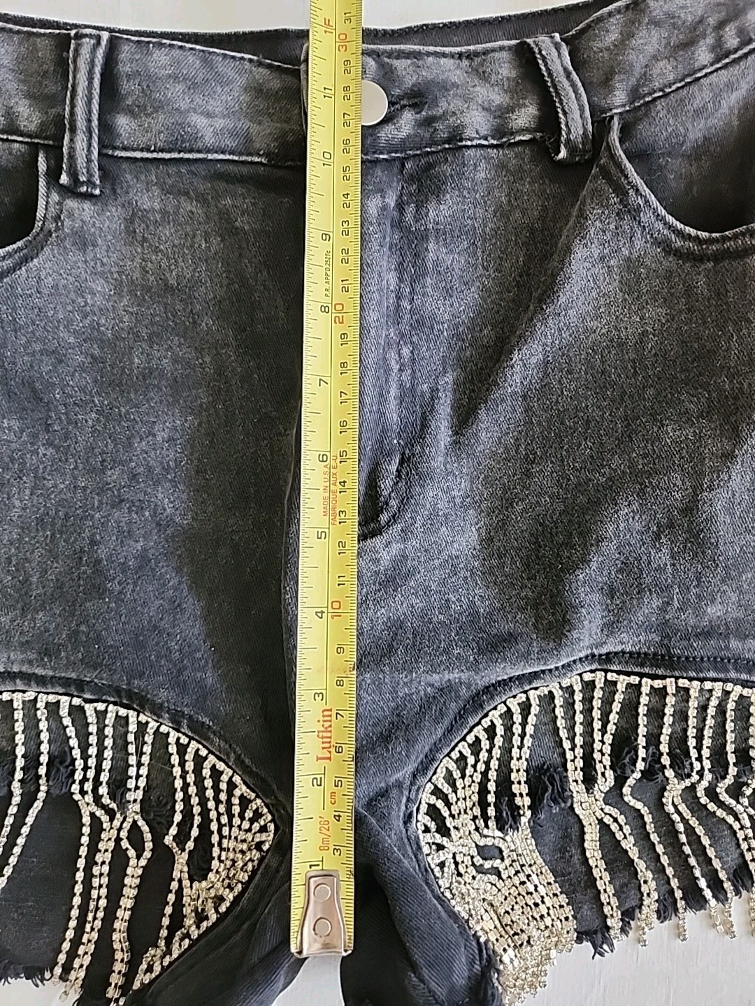 Distressed Black Denim Bombshell Cut-off Shorts w/ Rhinestone Fringe Blue B MED