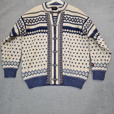 VTG Devold Sz L 100% New Wool Nordic Fair Isle Pewter Clasp Cardigan Dale Norway