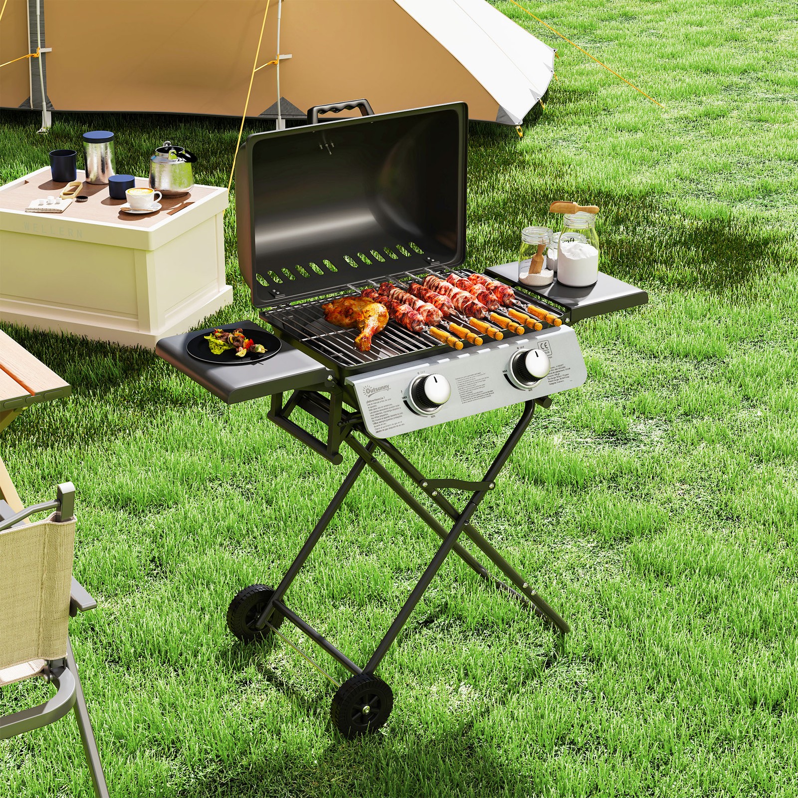 Gasgrill 5,6 KW Grillwagen inkl 2 Edelstahl-Brenner klappbar Seitenablagen Rolle