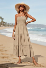 PrettyGarden Beige Smocked Square Neck Tiered Strappy Maxi Sundress Size S