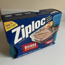 Ziploc DIVIDED Food Containers Snap 'n Seal Lids 2001 NEW USA Blue Pack Of 2