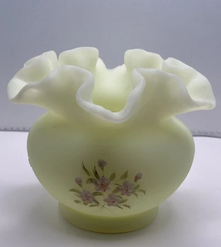 Fenton Custard Satin Uranium Glass Ruffled Rose Bowl Hand Painted Signed 4 Inch