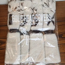 Vtg NOS Knit Golf Club Covers w/Pom Poms Cream & Brown 4 pc. set  X, 1, 3, 5 NWT