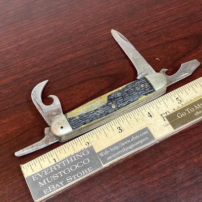 Vtg HAMMER BRAND USA SCOUT CAMPING MULTI TOOL CAN OPENER POCKET KNIFE 4 Blade