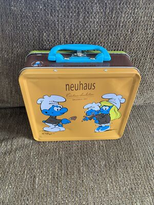 Smurf Tin Metal Lunch Box Neuhaus Chocolate 7 x 7  X 3.5 