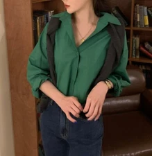 Korean Style Womens Long Sleeve Button Up Shirt Back Slit Hem Fashion Ladies New