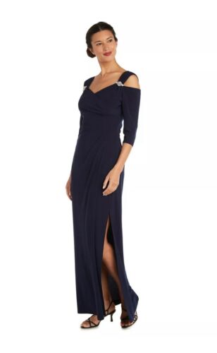 R & M RICHARDS Dress Size 10 Maxi Ruched Embellished Elegant Navy Formal
