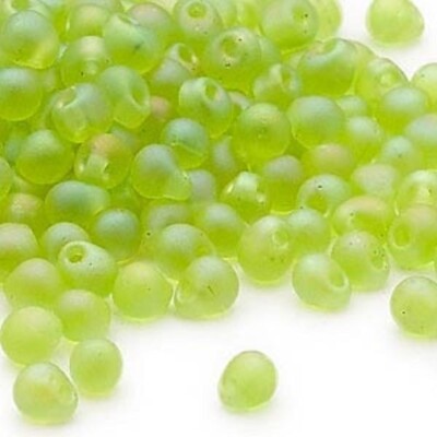 Seed Bead, 10 Gm(180) Matte Rainbow Lime Green 4x3.4mm Teardrop Fringe Glass