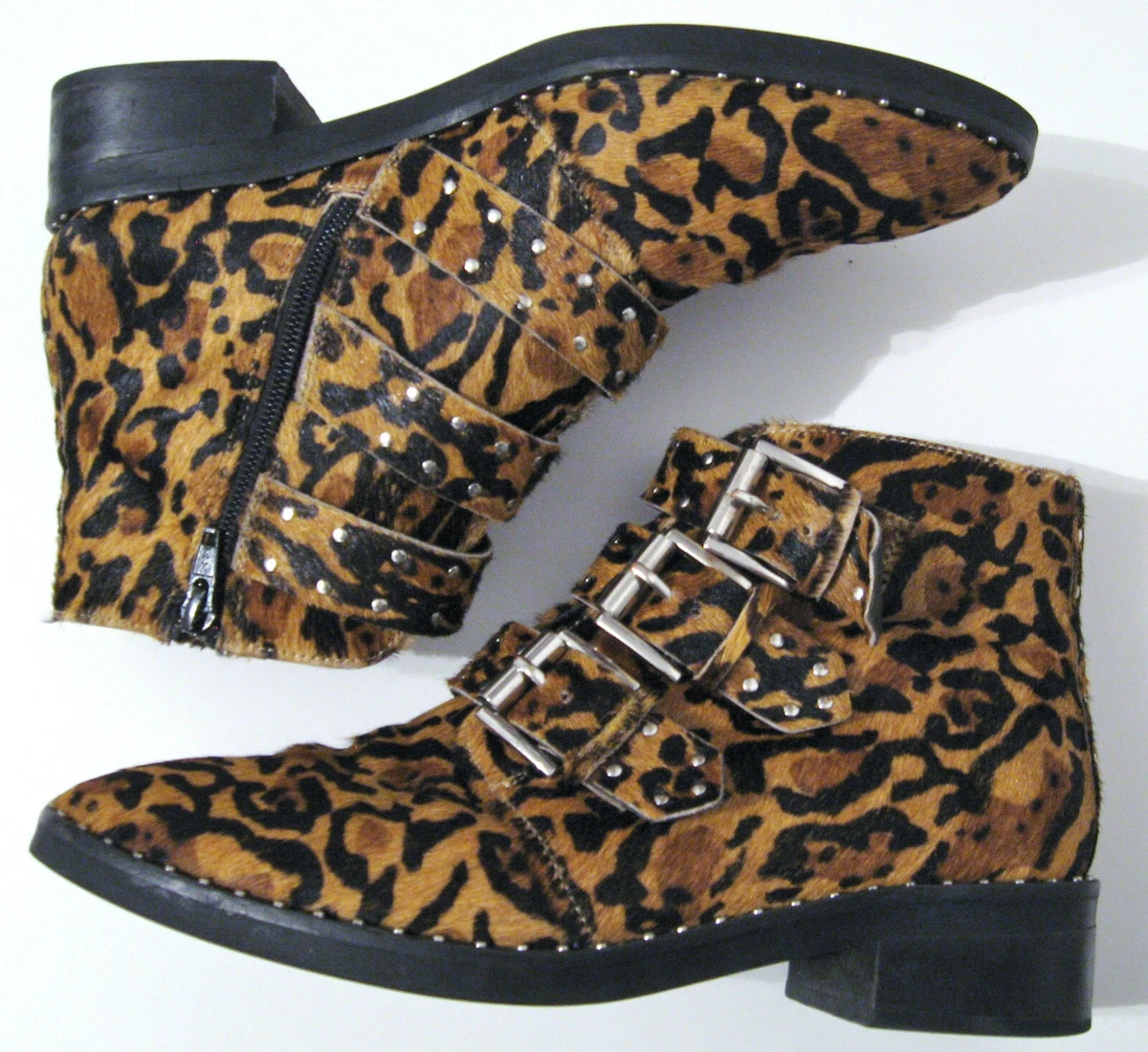 ASOS Asher Ankle Boots Leopard Print Pony Leather Buckles Zip Up
