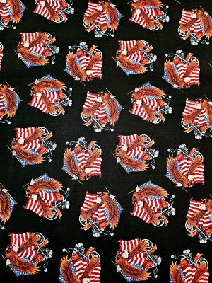 MDG - Patriotic With American Flag   Motorcycle  Black Quilting Fabric