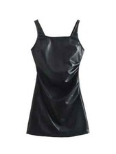 Women Black Leather Mini Slip Sexy Sleeveless Spaghetti Strap Female Chic Dress