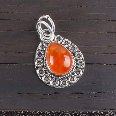 Nice Elegant Unisex Pendant Carnelian Natural Gemstone 925 Sterling Silver 1.02''
