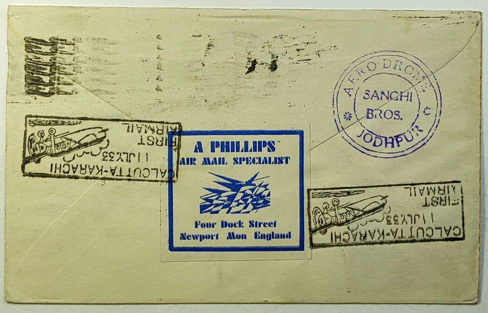 1933 年印度帝国航空公司首次飞行航空邮件封面加尔各答到焦特布尔印度 — 第 3/3 张图片