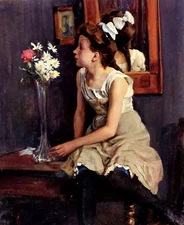 Oil painting ernst henseler - girl in the studio with flowers free shipping cost