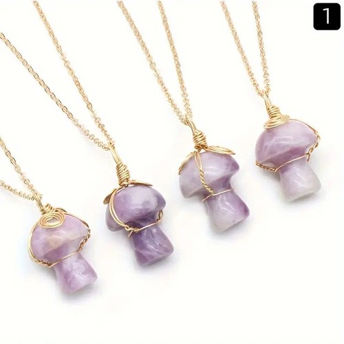 1PCS Natural Wire Wrapped Mushroom Necklace Crystal Stone Chain Pendant Healing - Picture 11 of 18