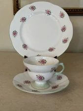 ROSINA Tea Cup Saucer  & Dessert Plate Trio  ROSES Green Handle  England