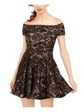 B DARLIN Womens Fit + Flare Short Dress Lace Sequined Off Shoulder Party