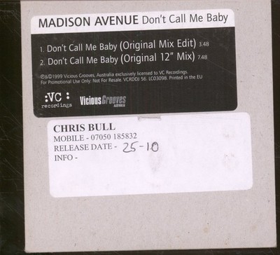 Madison Avenue Don't Call Me Baby CD Promo UK Vc Recordings 1999