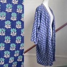 Vintage Kimono Robe Large Blue Teal Floral Block Print Boho Cotton Duster