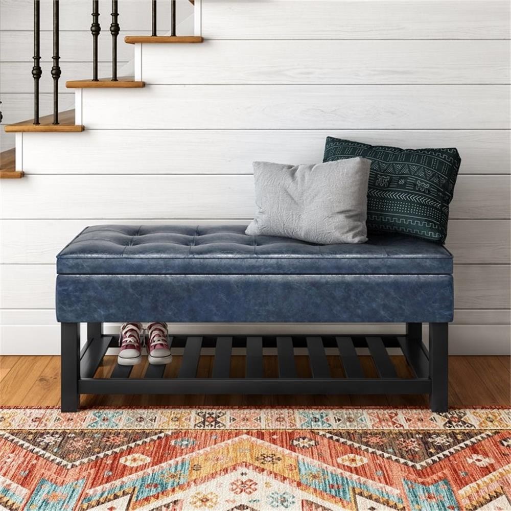 Simpli Home Cosmopolitan 44"WD Storage Ottoman Bench in Denim Blue Vegan Leather